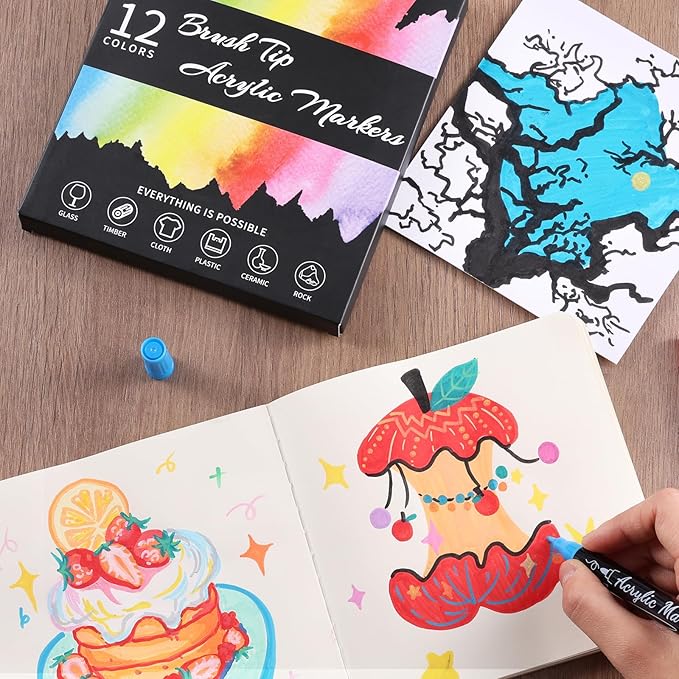 12 Colors Acrylic Paint Markers, Waterproof Dual Tip Acrylic Paint Pens with Brush and Fine Tip, Markers Set for Paper, Rock, Wood, Canvas, Glass, Ceramic and DIY Crafts Making Art Supplies-DeskLoop Office