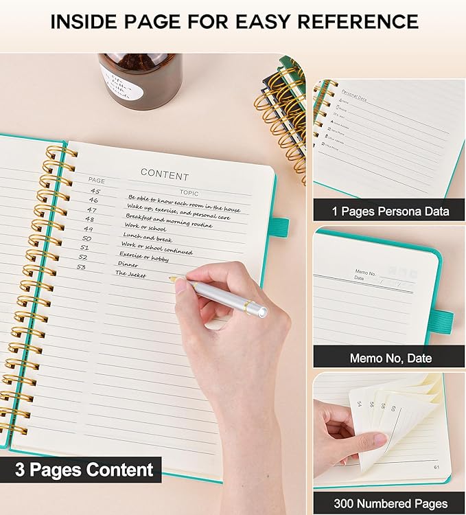 Spiral Notebook Journal for Women Men, 300 Numbered Lined Pages, College Ruled, A5 Hardcover Spiral Bound Notebook for School, Work, Note Taking Writing, Leather Spiral Journal Medium 5.9"x8.5"-DeskLoop Office