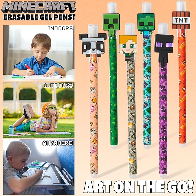 Minecraft Erasable Gel Pens Set, Colored Pens with Erasers Pack of 6, School Supplies - Gifts for Boys-DeskLoop Office