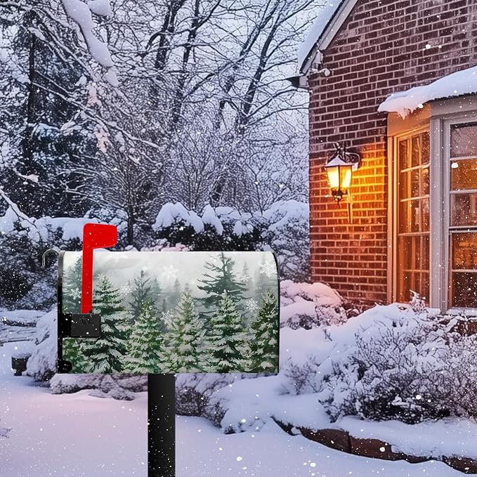 Winter Pine Trees Mailbox Covers Magnetic Christmas Green Forest Snowflakes - Image 2