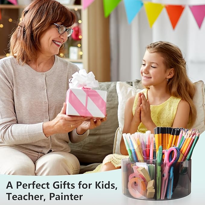 Absonic Acrylic Pen Holder Crayon Organizer for Kids, 6 Slots Arts and Crafts Organizer Marker Caddy Organizer for Classroom, 360 Rotating Pencil Holder Art Supplies Storage for School Office Grey-DeskLoop Office