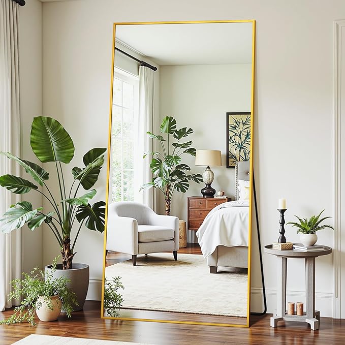 Full Length Mirror, 76"x34" Oversized Floor Mirror Freestanding, Full Body Mirror Floor Standing Mirrors with Stand, Hanging Mounted Mirrors for Bedroom Living Room, Gold, Rect Style-DeskLoop Office