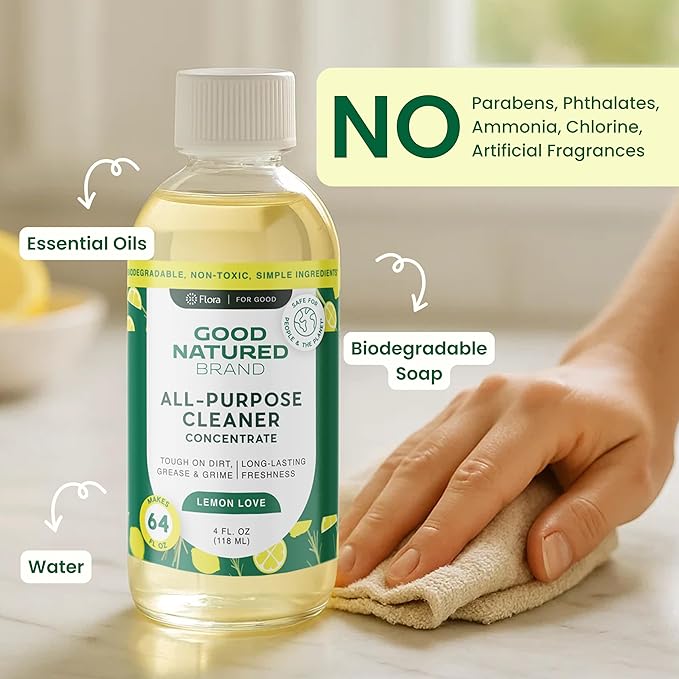 Good Natured Brand All-Purpose Cleaner Concentrate + 16 oz Bottle | Multi-Surface Cleaner | Natural Lemon Essential Oil | Multipurpose Cleaner All Surfaces | Lemon Love | 4oz makes 64oz-DeskLoop Office