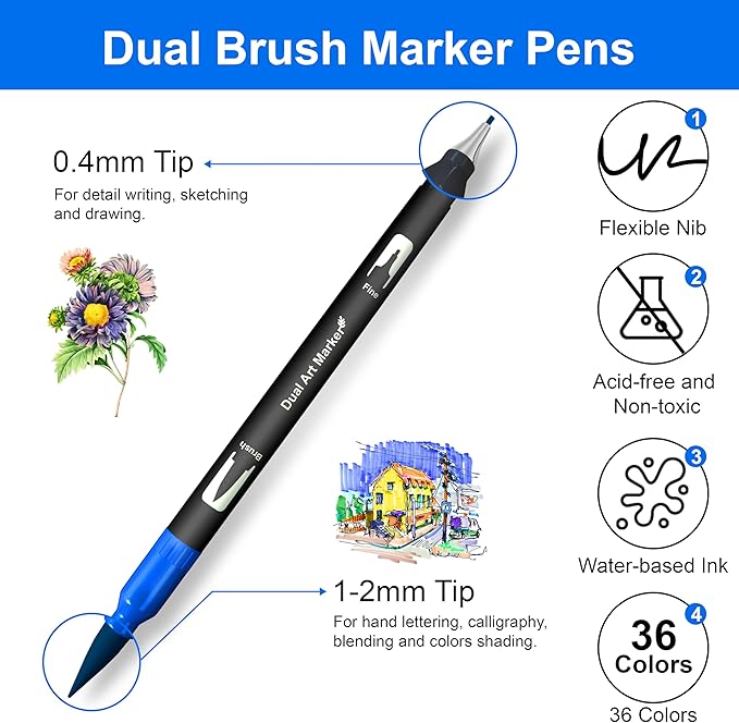 Dual Brush Marker Pens, 36 Colors Art Markers with Fine and Brush Tip Coloring Markers for Adults, Marker for Journaling Calligraphy Drawing Sketching Doodling Illustrating-DeskLoop Office
