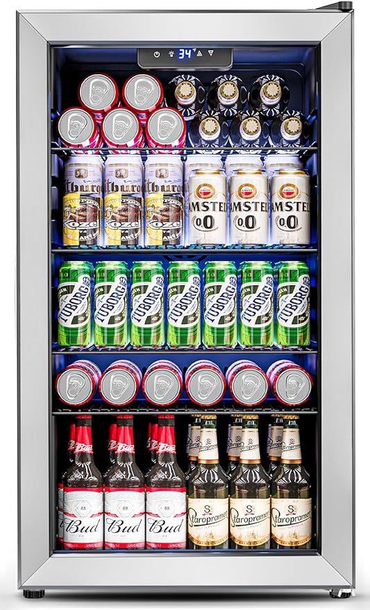 3.2 Cu.Ft Mini Fridge with Glass Door - 126 Can Beverage Refrigerator Cooler for Drink Beer Wine Soda, Small Refrigerator for Bedroom Office Bar Dorm, 4 Adjustable Shelves, Silver-DeskLoop Office