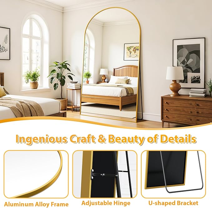 Full Length Mirror, 76"x44" Oversized Floor Mirror Freestanding, Full Body Mirror Floor Standing Mirrors with Stand, Hanging Mounted Mirrors for Bedroom Living Room, Gold, Arched Style-DeskLoop Office