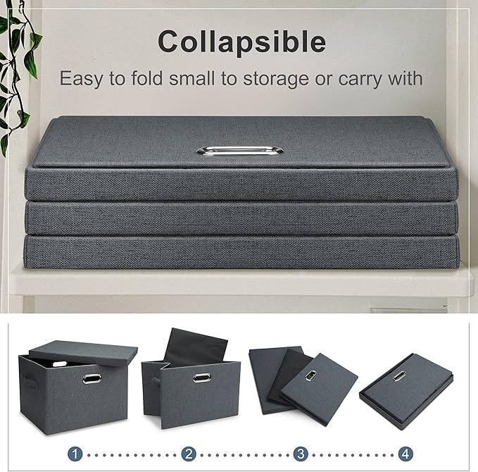 Large 17" 36 Quart Collapsible Stackable Storage Bins with Lids, 3 Packs Dark Gray Foldable Fabric Closet Storage Boxes with Lids, Heavy-duty Linen Cube Baskets(17x12x11)-DeskLoop Office