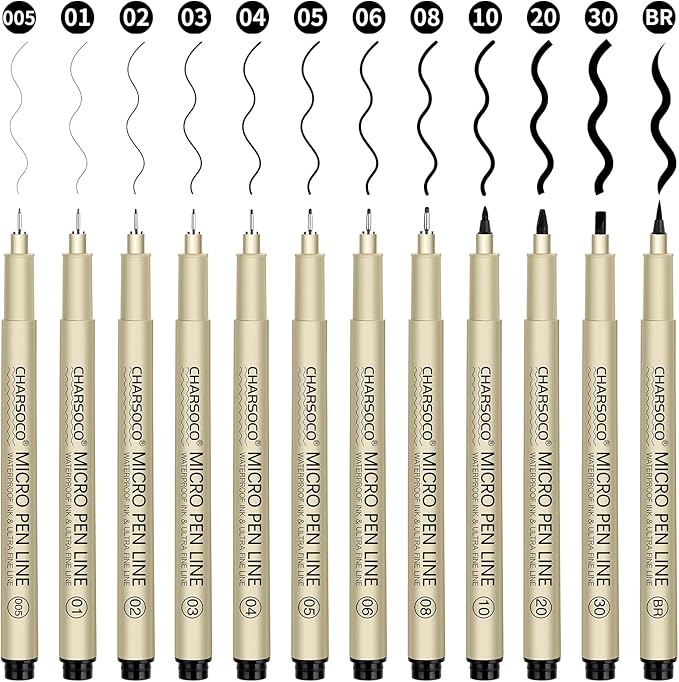 Black Micro Pens, 12 Sizes in 0.23mm - 5mm, Waterproof Archival Ink, Fine Point Pen for Artist Illustration, Sketching, Anime, Manga and Technical Drawing-DeskLoop Office