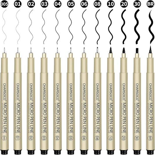Black Micro Pens, 12 Sizes in 0.23mm - 5mm, Waterproof Archival Ink, Fine Point Pen for Artist Illustration, Sketching, Anime, Manga and Technical Drawing-DeskLoop Office