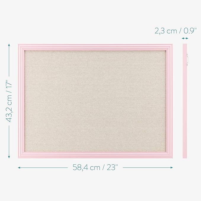 Navaris Framed Linen Bulletin Board - 17 x 23 inches Fabric Jewelry Organizer Pinboard for Wall Memory Memo Pin Board - Natural Linen with Pink Frame-DeskLoop Office
