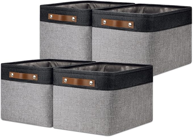 DULLEMELO Canvas Storage Bin with Handles, Fabric Bins for Shelves, Bedroom, Office,Nursery,Fabric Storage Baskets for Toys, Clothes,Gift(Black&Grey,15"x11"x9.5",4-Pack)-DeskLoop Office