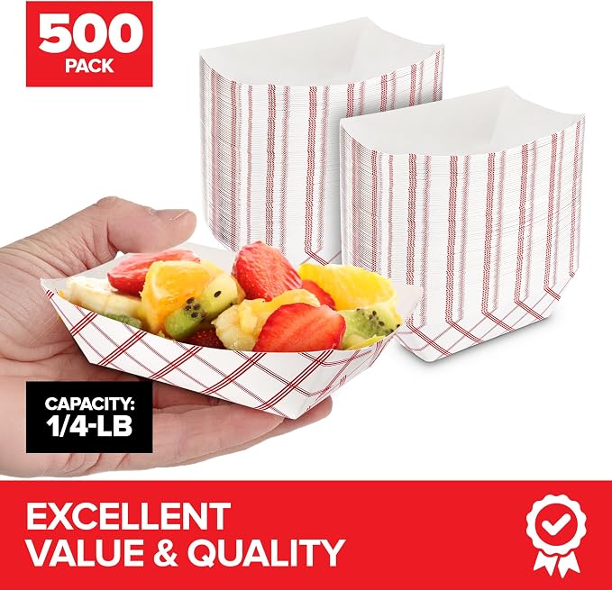 Paper Food Boats .25 Lb Disposable Red & White Checkered Trays, Eco Friendly - Image 2