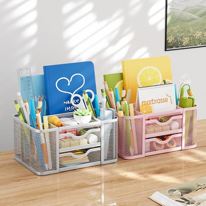 Marbrasse Mesh Desk Organizer, Pen Organizer with 2 Drawer, Multi-Functional Pencil Holder, Desk Organizers and Accessories with 5 Compartments + Drawer for Office Art Supplies (Pink)-DeskLoop Office