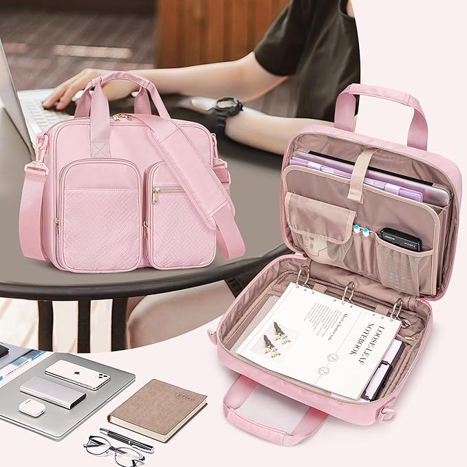 3 Ring Zipper Binder, 2 Inch Ring Binder Organizer Bag with Shoulder Strap Fits 13 Inch Laptop and 500 Sheets, Pink (Empty Bag Only)-DeskLoop Office