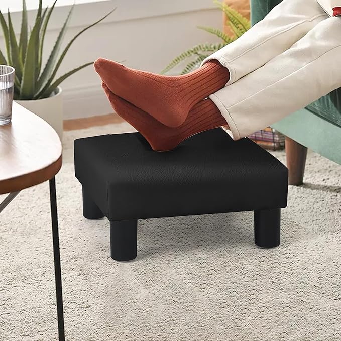 Joveco Small Footstool Ottoman, PU Leather Square Upholstered Footrest with Plastic Legs, Under Desk Foot Stools for Living Room Bedroom Office, Black-DeskLoop Office