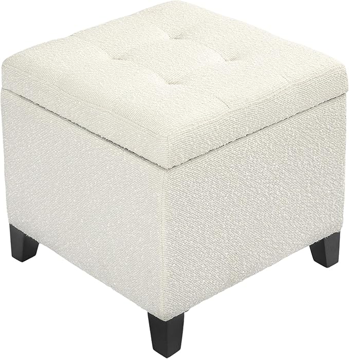 Adeco 18 Inch High Cube Ottoman Storage, Linen Chair Foot Stools, Upholstered Vanity Stool with Hinged Lid, Solid Wood Legs (White Circle Yarn)-DeskLoop Office