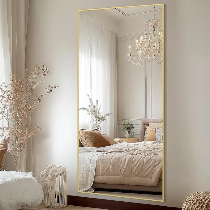 Large Full Length Mirror, 71"x32" Gold Floor Mirror with Stand, Rectangle Standing Mirror for Living Room Bedroom Cloakroom Gym, Thin Aluminum Frame, Tempered Glass-DeskLoop Office