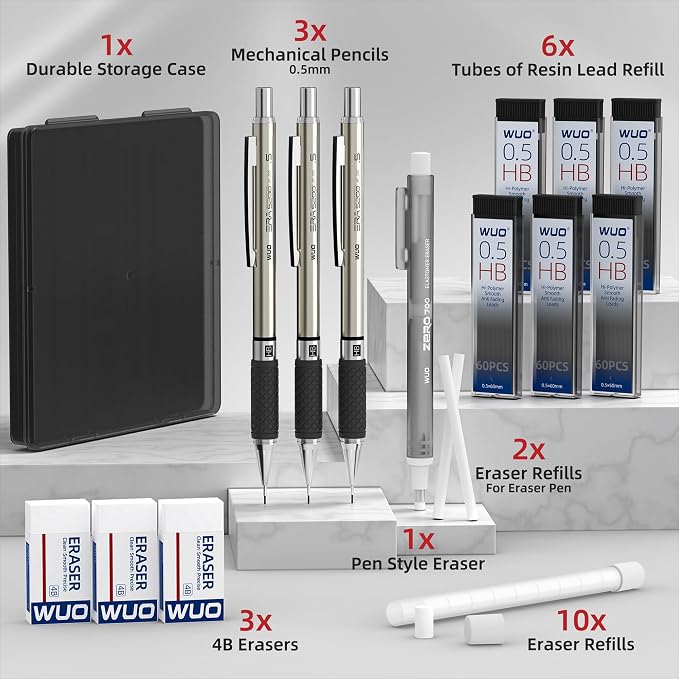 WUO 0.5mm Mechanical Pencil Set, 1 Eraser Pen, 12 Eraser Refills, Storage Case - Image 8