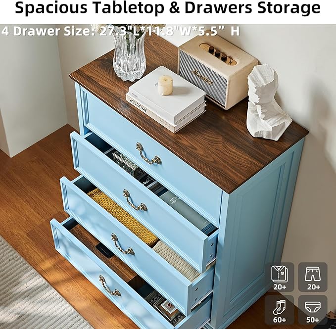 Farmhouse 4 Drawer Dresser Set of 2 for Bedroom, 37" Tall Rustic Chests of Drawers w/ 4 Solid Wood Feet, Mid Century Vintage Wooden Closet Storage Dressers Organizer for Living Room,Light Blue-DeskLoop Office