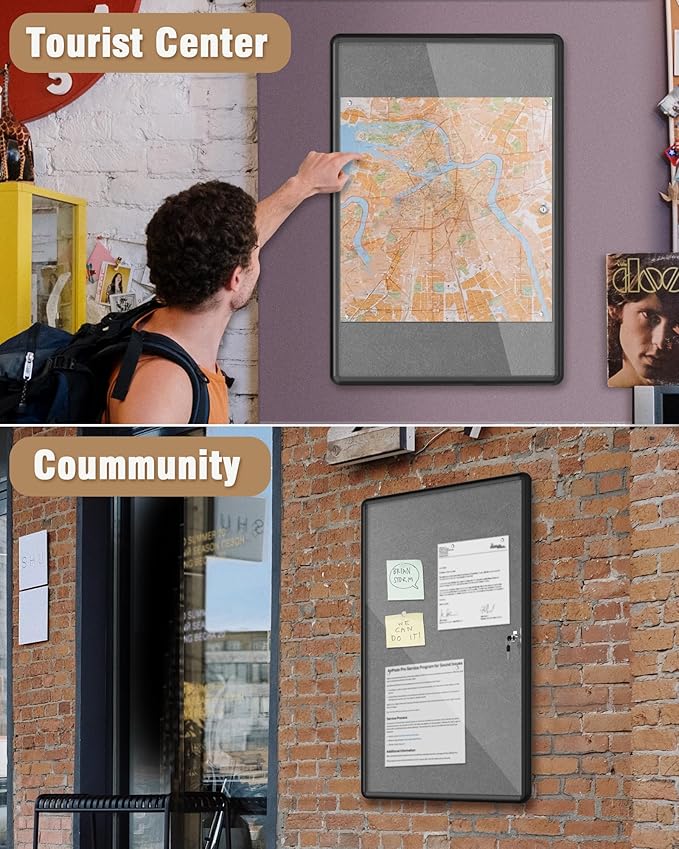 36"x24" Enclosed Bulletin Board, Lockable Weather-Resistant Aluminum Cork Noticeboard for School & Office, Black Frame w/Grey Flet-DeskLoop Office