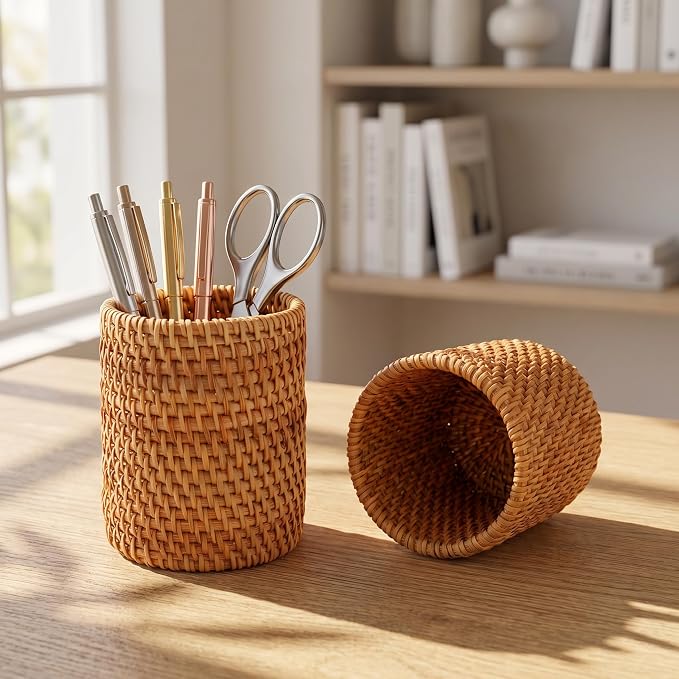 Okllen 2 Pack Rattan Pencil Holder, Handmade Wicker Pen Cup Makeup Brushes - Image 6