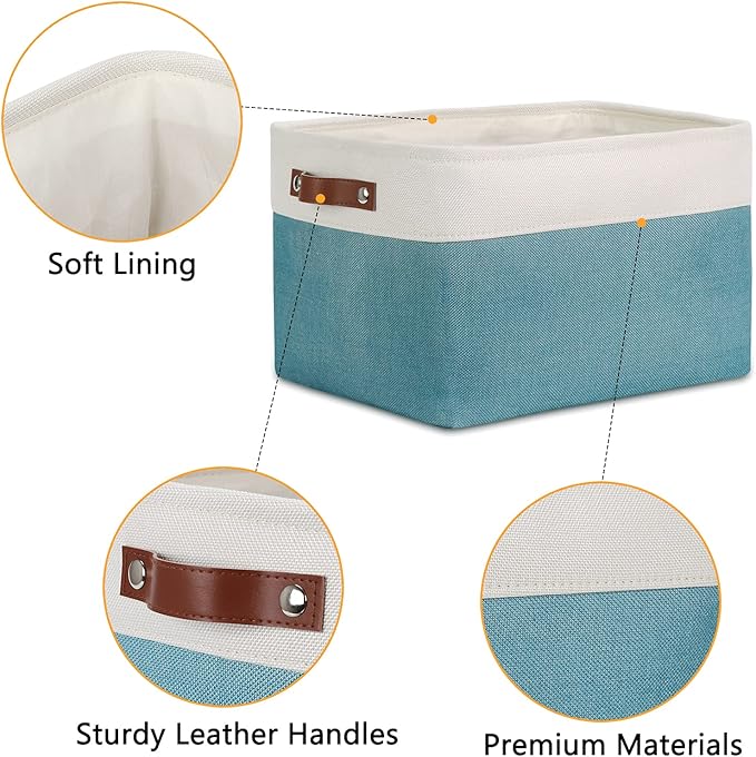 DULLEMELO Storage Baskets for Shelves, Fabric Collapsible Rectangular Storage Bins for Shelves, Closets, Nursery, Home, Empty Gift Baskets (3-Pack Medium-15 inch X 11 inch X 9.5 inch , White&Teal)-DeskLoop Office