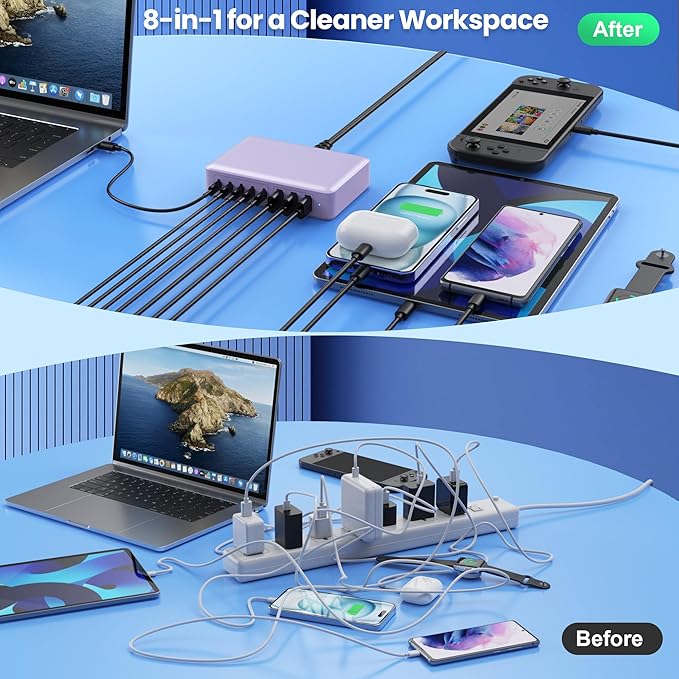 USB C Charger 300W USB C Charger Block 8-Ports GaN IV Fast Charging Station,PD 100W Laptop Charging Hub Wall Adapter Compatible with MacBook/Air,DELL,Steam Desk,iPhone 16/15/14,Galaxy S24 etc-DeskLoop Office