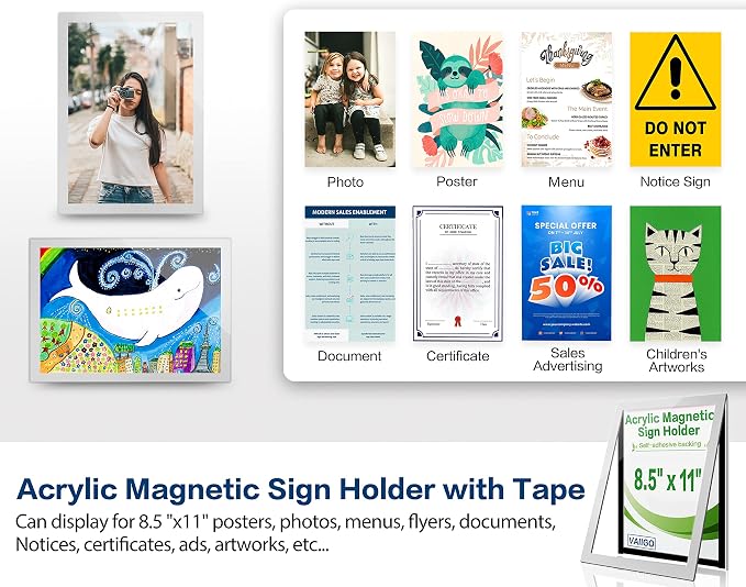 Acrylic Sign Holder 8.5" x 11" Wall Mount, Self Adhesive Magnetic Display Frame - Image 2