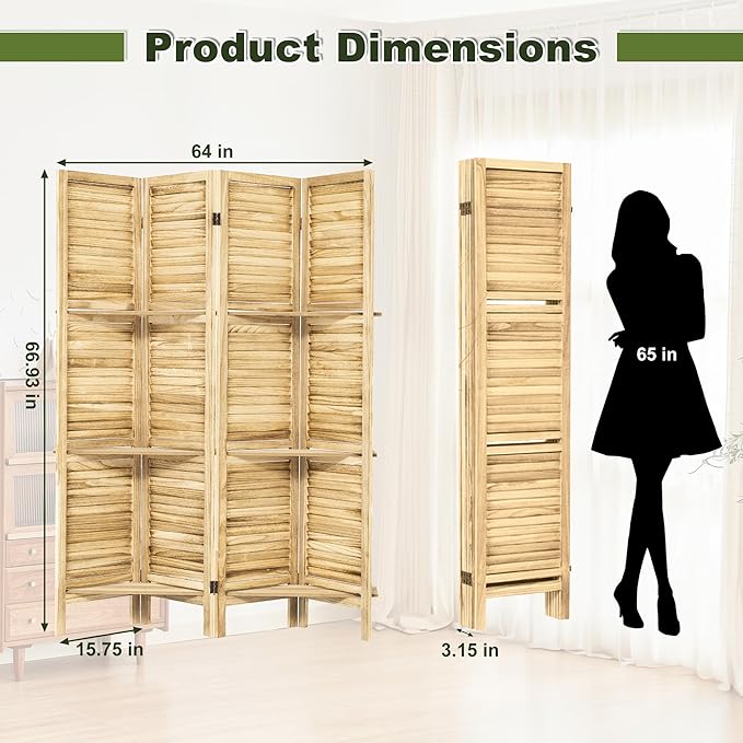 NicBex 4 Panel Room Divider,5.6FT Wood Carved Room Dividers with Display Shelves Folding Privacy Screens Portable Freestanding Partition Wall Dividers for Room Separation, Bedroom Office,Natural Wood-DeskLoop Office