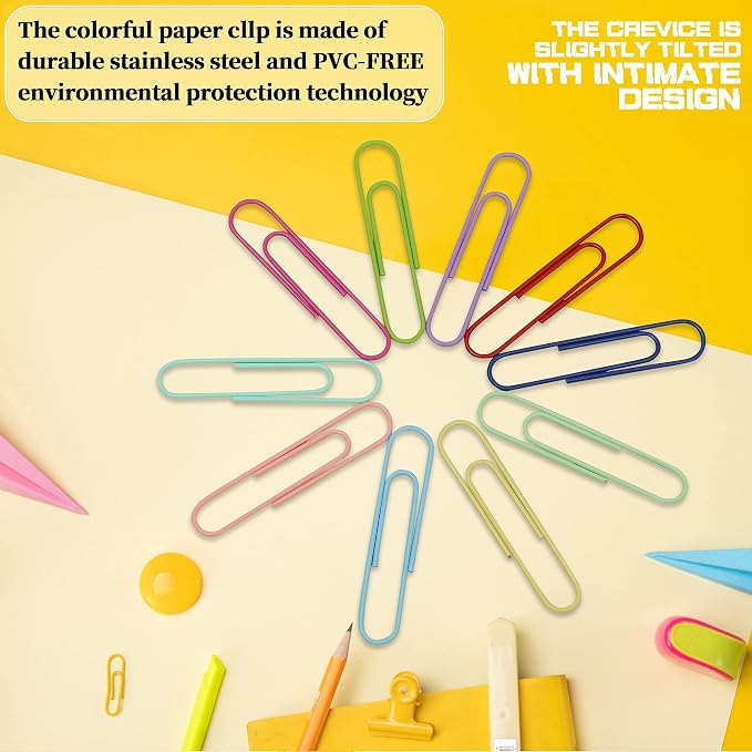 100 PCS Large Multicolored Stainless Steel Paper Clips, Environmentally Friendly - Image 2