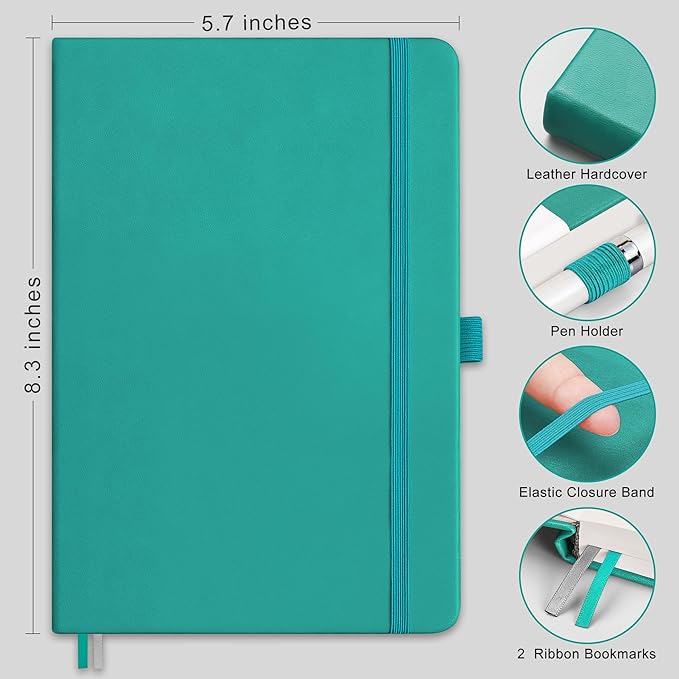 RETTACY Bullet Dotted Journal Notebook, 256 Pages, A5 Medium Size (5.7'' × 8.3''), Leather Hardcover, 120 GSM Thick Paper, for Bullet Journaling, Planning, Tracking (Cyan)-DeskLoop Office