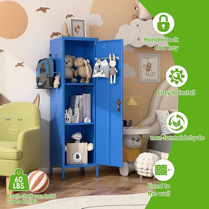 Aobabo Metal 54" H Metal Storage Locker for Employees, Lockable 1 Door with Towel Rack and 2 Side Pegboards with Hooks for School Office Gym Home, Assembly Required (Blue)-DeskLoop Office