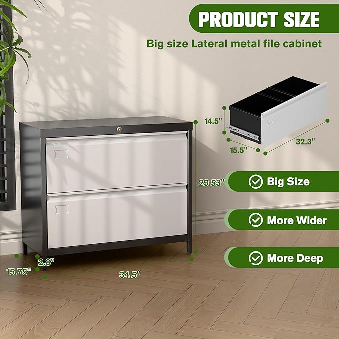 Metal 2 Drawer Lateral File Cabinet with Lock & Adjustable Feet - Wide Filing Cabinet for Letter/Legal/F4/A4 Hanging Files - Includes Business Card Holder,Home Office School Storage,Black/Grey-DeskLoop Office