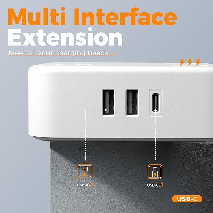 Flat Extension Cord, TESSAN Surge Protector Power Strip 5 FT with 8 Outlets 3 USB (1 USB C) Ports, 3-Sided Outlet Extender with 900J Surge Protection for Office Supplies, Dorm Room Essentials, White-DeskLoop Office