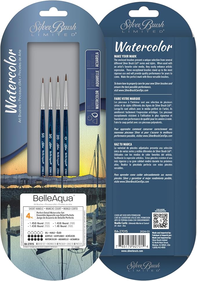 Silver Brush Limited BA-2701S BelleAqua Perfect Detail Watercolor Brush Set, 4pc Professional Premium Soft Synthetic Red Sable Round Paint Brush Set, Size 5/0, 3/0, 2/0, and 0 Round Artist Brushes-DeskLoop Office
