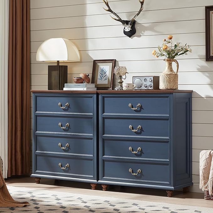 Farmhouse 4 Drawer Dresser for Bedroom, 37" Tall Rustic Chests of Drawers w/ 4 Solid Wood Feet, Mid Century Modern Wooden Closet Storage Dressers Organizer for Living Room, Hallway, Navy Blue-DeskLoop Office