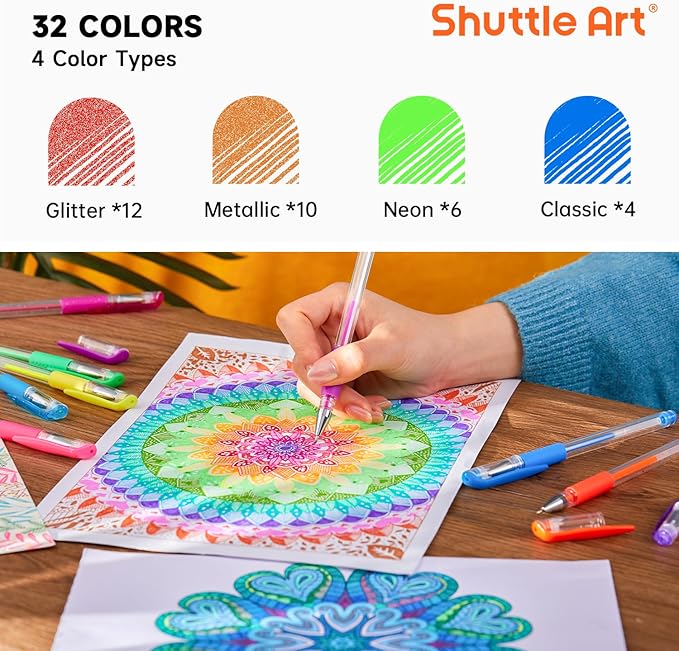 Shuttle Art Gel Pens, 32 Colors Gel Pen Set with Coloring Book for Adults Coloring Books Drawing Doodling Crafts Scrapbooking Journaling-DeskLoop Office