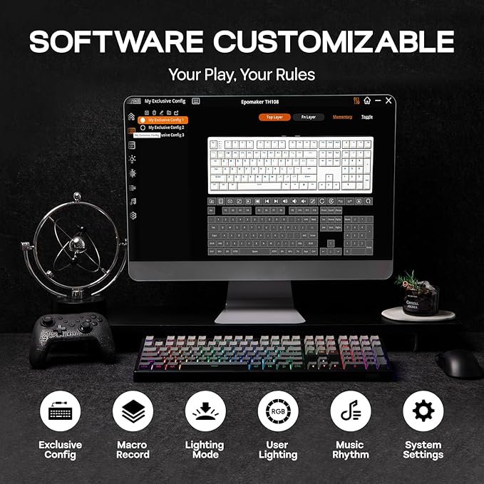 EPOMAKER TH108 Full Size Mechanical Keyboard, Wireless Gaming Keyboard with 8000mAh Battery, Creamy Gasket, 108 Keys, Hot Swap, Custom Driver, RGB Backlight (Black, Creamy Jade)-DeskLoop Office