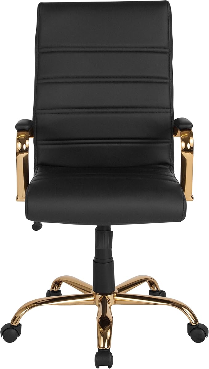 Flash Furniture Whitney High-Back Swivel LeatherSoft Desk Chair with Padded Seat and Armrests, Adjustable Height Padded Office Chair, Black/Gold-DeskLoop Office