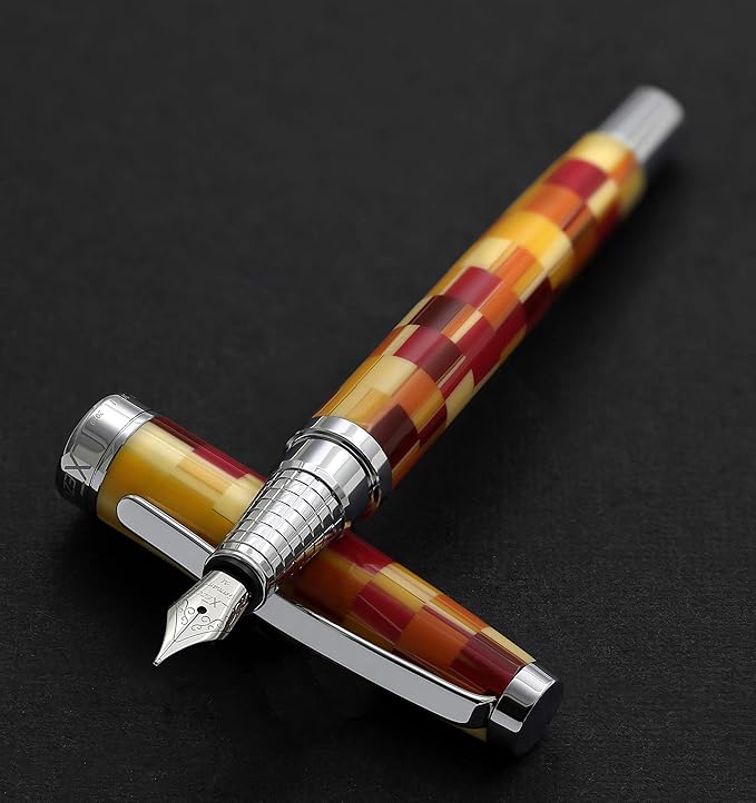 Xezo Urbanite Fountain Pen, Medium Nib. Retro Red, Yellow, Orange, and Cream Acrylic on Brass. Chrome Plated. Limited Edition and Serialized. No Two Alike-DeskLoop Office