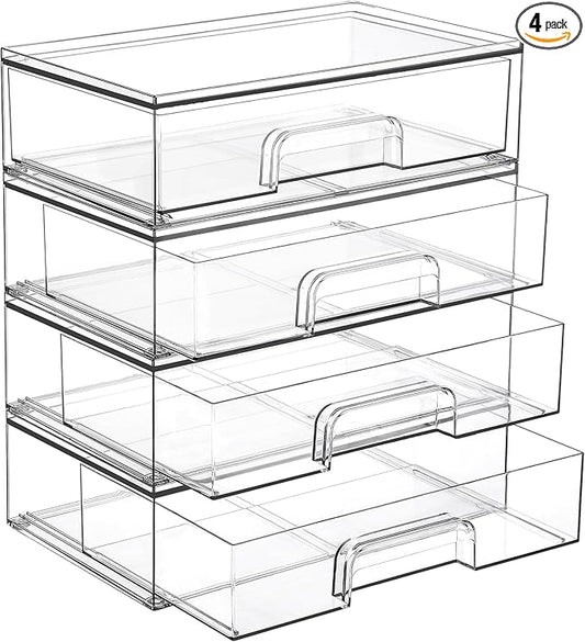 Vtopmart 12.1''W Clear Stackable Storage Drawers,4 Pack Acrylic Plastic Organizers Bins for Makeup Palettes, Cosmetics, and Beauty Supplies,Ideal for Vanity, Bathroom,Cabinet,Desk Organization-DeskLoop Office