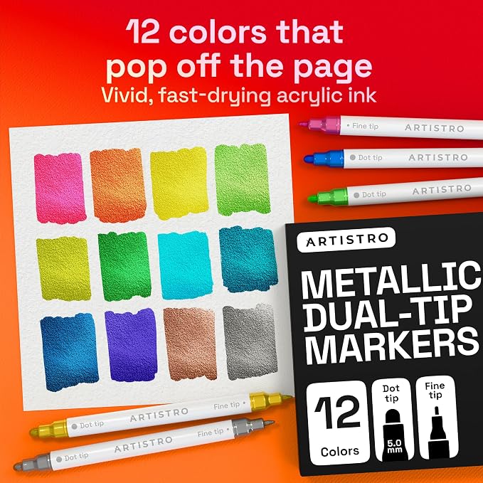 ARTISTRO 12 Metallic Dual-Tip Acrylic Paint Markers – Paint Pens Set - Image 2