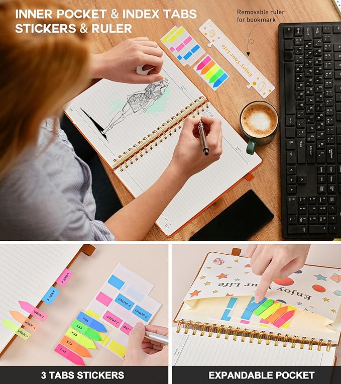 Spiral Notebook Journal for Women Men, 300 Numbered Lined Pages, College Ruled, A5 Hardcover Spiral Bound Notebook for School, Work, Note Taking Writing, Leather Spiral Journal Medium 5.9"x8.5"-DeskLoop Office