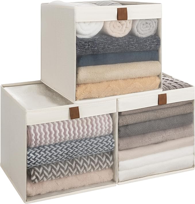 StorageWorks 13x13 Storage Cubes, Closet Storage Bins with Clear Window, Large Fabric Organizer for Clothes, Collapsible Storage Baskets with PU Handles, Beige, 3-Pack-DeskLoop Office