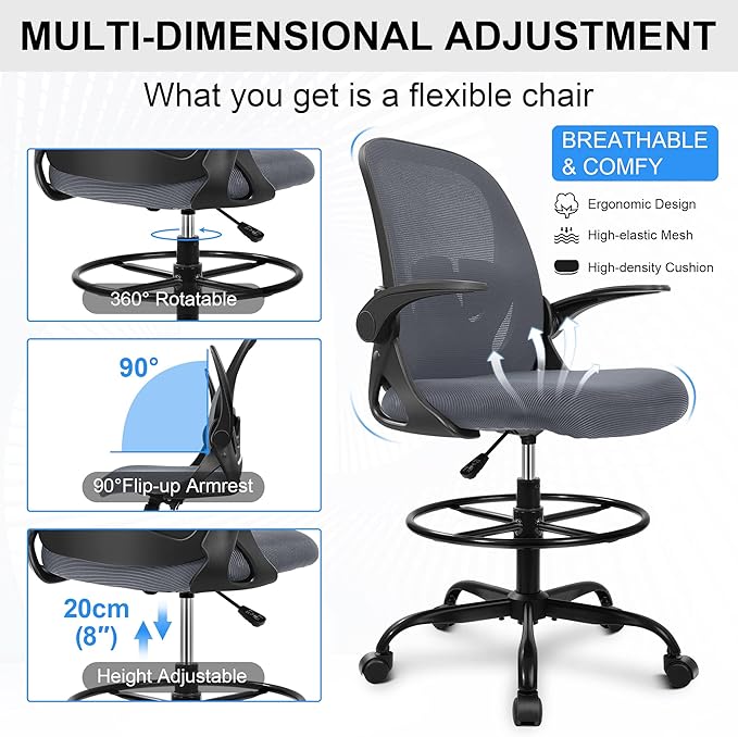 Primy Drafting Chair Tall Office Chair with Flip-up Armrests Executive Ergonomic Computer Standing Desk Chair with Lumbar Support and Adjustable Footrest Ring（Dark Gray）-DeskLoop Office