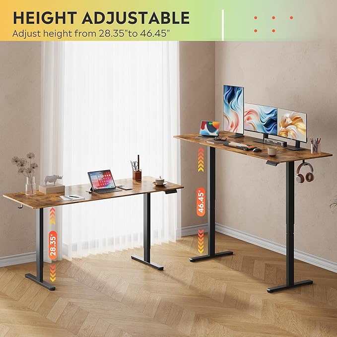 DEVAISE 71 Inch Electric Standing Desk, 3 Adjustable Height Stand up Desk for Home Office, Ergonomic Sit to Stand Desk with LED Touchscreen, Hook, 3 Memory Preset Computer Desk (Rustic Brown)-DeskLoop Office