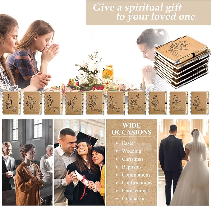 100 Pcs Bible Verse Spiral Notebook with Bamboo Christian Ballpoint Pens Aesthetic Religious Notepads Inspirational Journals Easter Christian Gifts for Women Men Office (Classic Style)