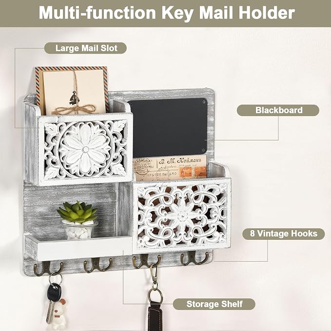 Mail Organizer Wall Mounted, 2 Slots Key Holder - Image 3