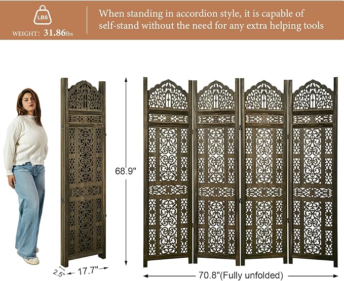 5.75Ft Room Divider Wood Screen, 33Lbs Durable Antiqued Style MDF Carved - Image 4