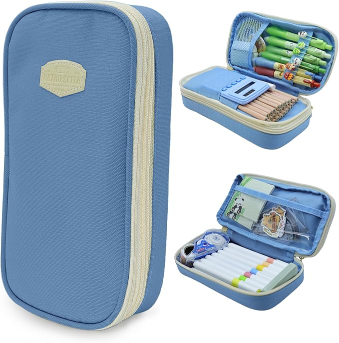 Large Capacity Pencil Case - Durable Zipper Aesthetic Pen Pouch, Big Storage Organizer for School, Office & Travel - Waterproof & Multi-Use (Light Blue)-DeskLoop Office